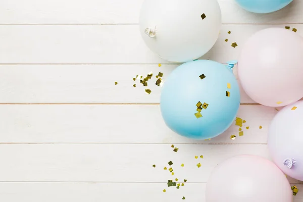 Bakgrund Med Fastiva Luftballonger Rund Form Och Konfetti Flerfärgad Ovanifrån — Stockfoto