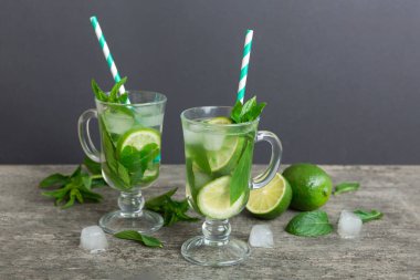 Mojito kokteyli. Limonlu, limonlu ve naneli mojito kokteylini uzun bir bardakta sopayla tazeliyorum..