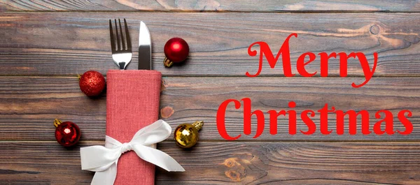 Merry Christmas Text Top View Banner Holiday Set Fork Knife — Stock Photo, Image