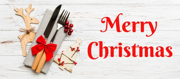 Merry Christmas Text New Year Banner Set Fork Knife Napkin — Stock Photo, Image