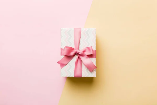 Holiday Paper Present Tied Pink Ribbon Bow Top View Copy — Photo