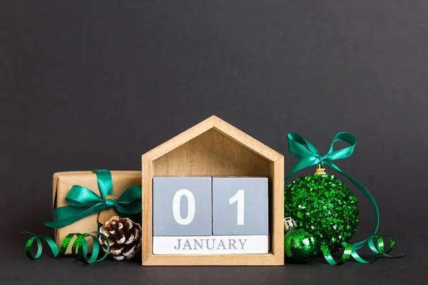 January Christmas Composition Colored Background Wooden Calendar Gift Box Toys — Stock fotografie