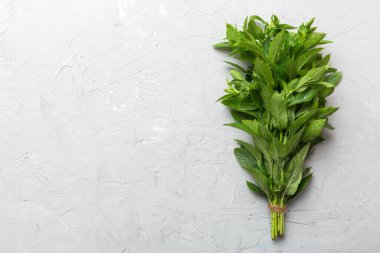 Renkli masada taze nane tomarı. Kopyalama alanı olan üst görünüm.