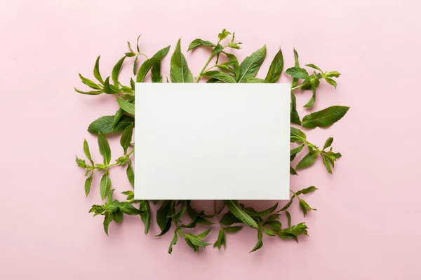 Wreath frame made of empty paper blank with space for text and mint leaves on colored background. . Mint Pattern. Flat lay. Top view.