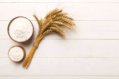 Tahta kasede buğday unu ve renkli arka planda buğday dikenleri. dünya buğday krizi.