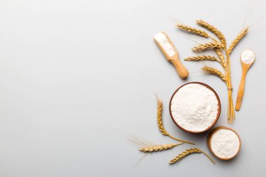 Tahta kasede buğday unu ve renkli arka planda buğday dikenleri. dünya buğday krizi.