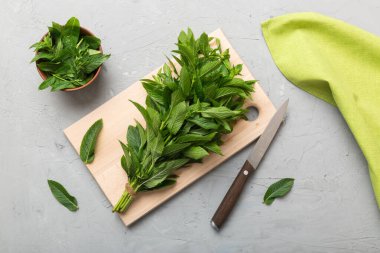 Kesme tahtalarında bir demet taze nane, renkli arkaplan görünümü.