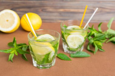 Mojito yaz serinletici buzlu ve naneli kokteyl. Limonlu, limonlu ve naneli mojito kokteyli..