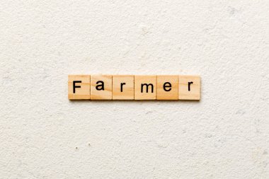 Tahta bloğa yazılmış çiftçi kelimesi. Çimento sehpası üzerindeki TARMER metin desing, konsept.