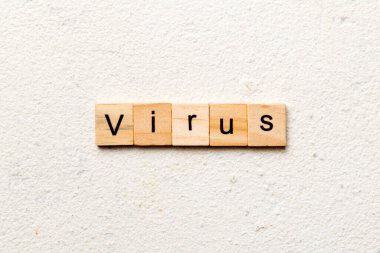 Tahta blokta yazan virüs kelimesi. Çimento masasında virüs metni desing, konsept için.