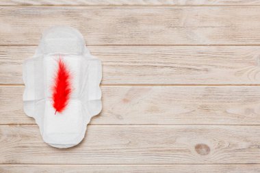 Kadın hijyen ürünleri ya da arka planda kırmızı tüy olan hijyenik ped. Pastel renk. - Yakın çekim. Mesaj için boş bir yer. Kadın günlük hijyeni..