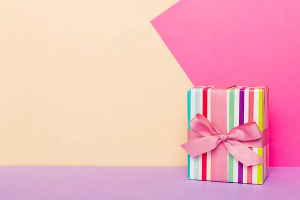 Holiday Paper Present Tied Pink Ribbon Bow Top View Copy — Foto Stock