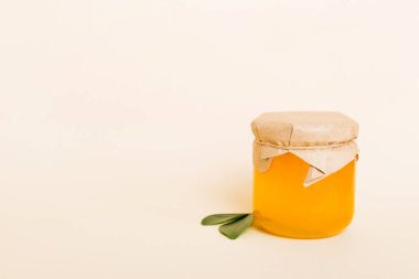 Renkli arkaplan görünümünde yapraklı bal ve bal kaplamalı bal metin ile üst görünüm.