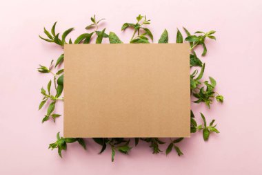 Boş kağıttan yapılmış çelenk çerçevesi, metin için boşluk ve renkli arkaplanda nane yaprakları. - Evet. Darphane deseni. Düz yatıyordu. Üst görünüm.