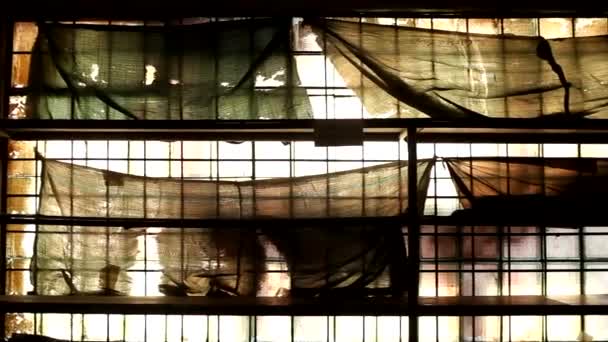 Brudne Okno Opuszczonego Budynku Pokryte Podartą Starą Szmatką Metalowe Kraty — Wideo stockowe