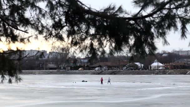 Dos Jugadores Hockey Entrenan Aire Libre Invierno Hielo Lago Congelado — Vídeo de stock