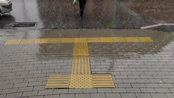 Staden Trottoar Med Taktil Gångväg För Blinda Regnig Sommardag Vägskäl — Stockvideo