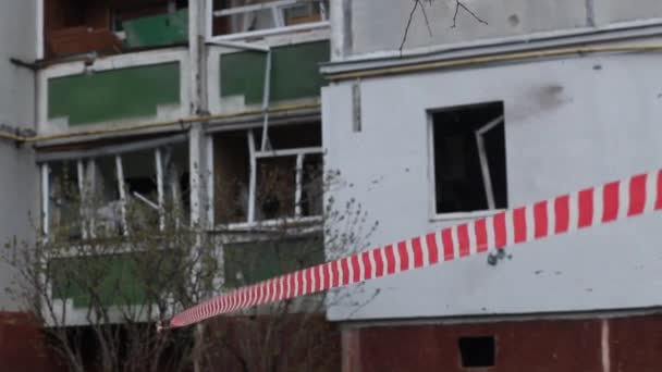 Enclosing Red White Signal Tape Area Destroyed Residential Building Bombing — Wideo stockowe