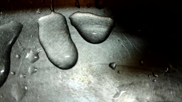 Drops Water Silver Metal Close Water Drops Flowing Metal Surface — Video