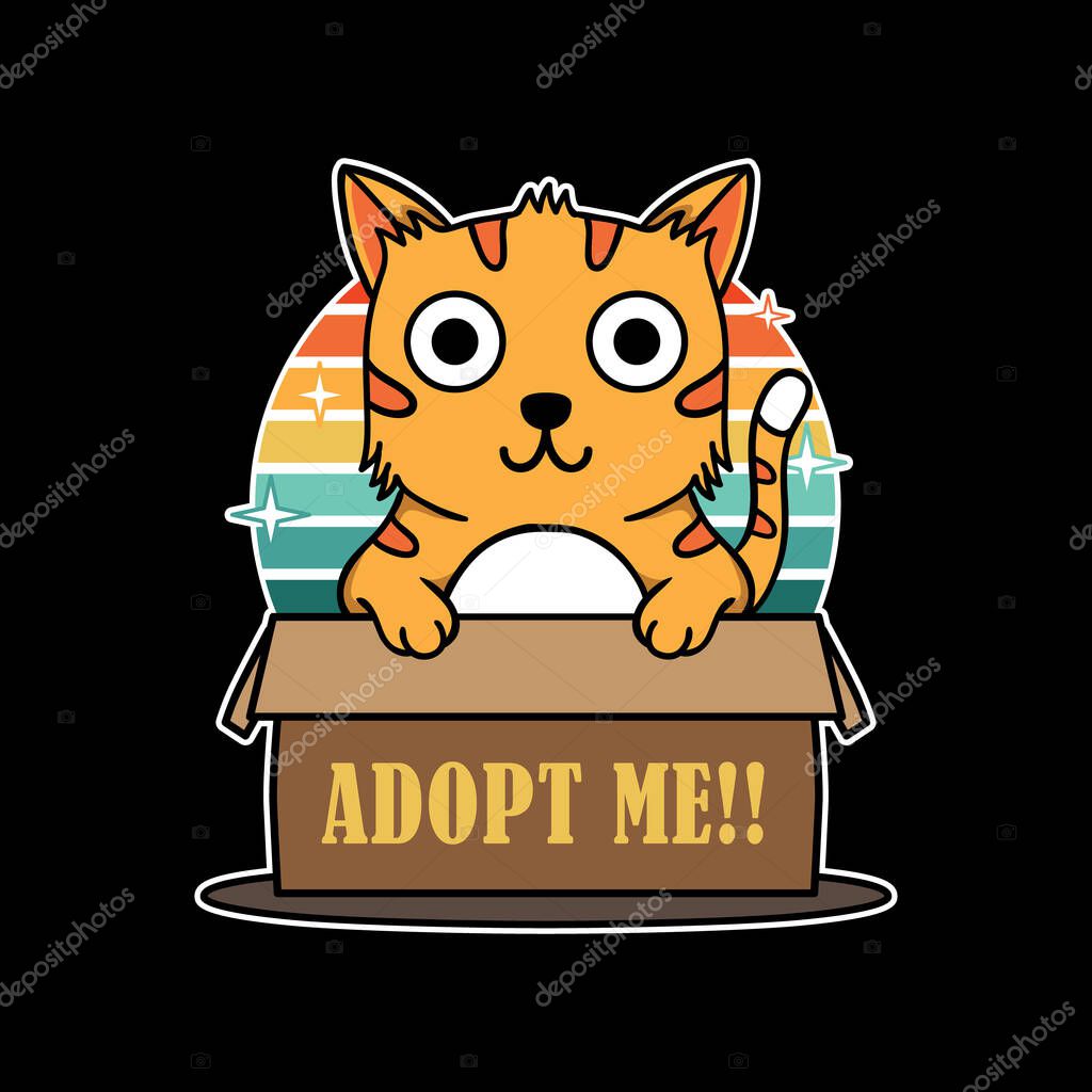 Illustration design of cute funny cat hold box sign adopt me in black background. Good for logo, background, tshirt, banner