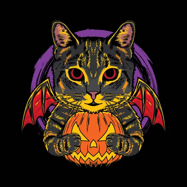 Halloween Tecknad Pumpa Katt Vintage Logotyp Vektor Ikon Hand Ritad — Stock vektor