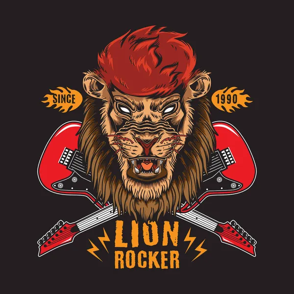 Retro Vintage Lion Rock Roll Med Crossed Guitar Illustration Lämplig — Stock vektor
