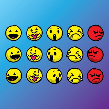 Modern arkaplan vektörüyle çizilmiş şirin ifade dizisi. Kaliteli semboller ve web logo koleksiyonunu imzala. Basit ve modern duygu simgeleri piktogramlar