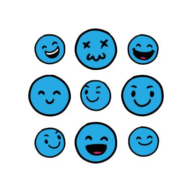 İzole edilmiş arka plan vektörüyle çizilmiş şirin mavi ifade dizisi. Kaliteli semboller ve web logo koleksiyonunu imzala. Basit ve modern duygu simgeleri piktogramlar