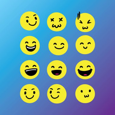 Modern arkaplan vektörüyle çizilmiş şirin ifade dizisi. Kaliteli semboller ve web logo koleksiyonunu imzala. Basit ve modern duygu simgeleri piktogramlar