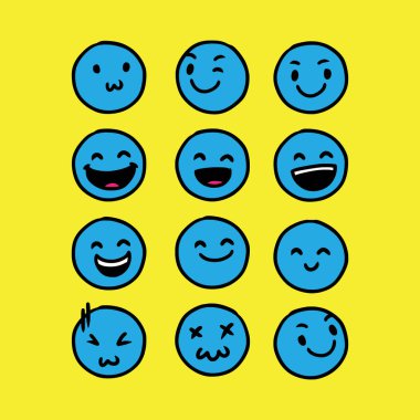 Sarı arkaplan vektörüyle çizilmiş şirin mavi ifade dizisi. Kaliteli semboller ve web logo koleksiyonunu imzala. Basit ve modern duygu simgeleri piktogramlar