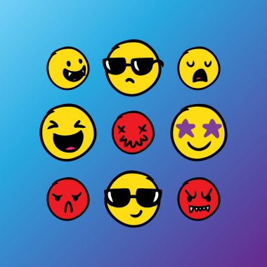 Modern arkaplan vektörüyle çizilmiş şirin ifade dizisi. Kaliteli semboller ve web logo koleksiyonunu imzala. Basit ve modern duygu simgeleri piktogramlar