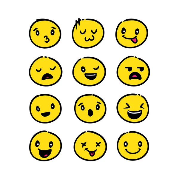 Conjunto Mano Emoticono Amarillo Lindo Dibujado Con Vector Fondo Aislado — Vector de stock