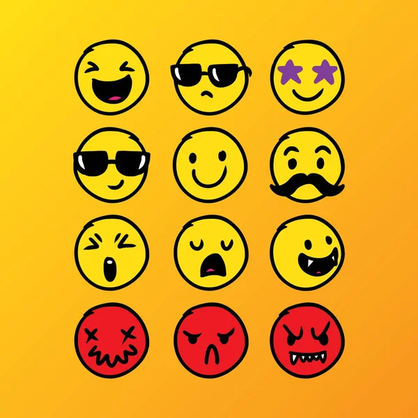 Conjunto Mão Emoticon Bonito Desenhado Com Vetor Fundo Amarelo Símbolos — Vetor de Stock