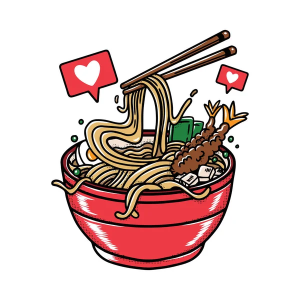 Ilustração Vetorial Delicioso Macarrão Ramen Japonês Tigela Com Estilo Retro — Vetor de Stock
