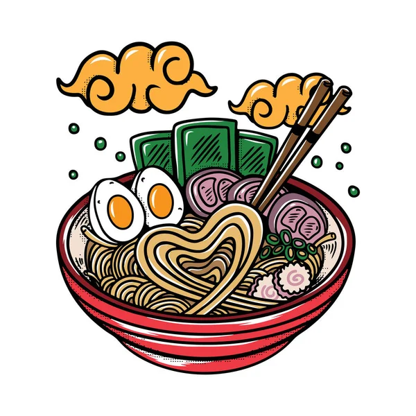 Vektor Illustration Von Köstlichen Japanischen Ramen Nudeln Auf Schüssel Mit — Stockvektor