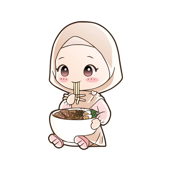 Χαριτωμένο Moslem Κορίτσι Τρώνε Halal Noodles Ράμεν Τροφίμων Χέρι Που — Διανυσματικό Αρχείο
