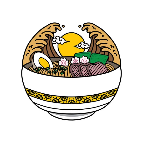Japanische Ramen Nudeln Suppenschüssel Vektor Ikone Illustration Mit Vintage Retro — Stockvektor