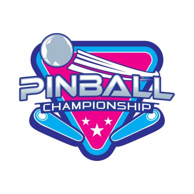 Pinball Maçı Arcade Vintage Rozet Amblemi Hippi Logo Vektör Simgesi İllüstrasyonu. Yıldız, Top ve Flipper ile Pinball Şampiyonası
