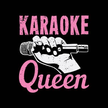Gömlek tasarımı karaoke kraliçesi. Elinde mikrofon ve siyah arkaplan illüstrasyonuyla.