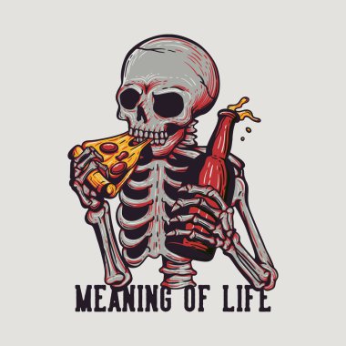 Bir bira şişesi ve beyaz arkaplan resmi tutarken iskeletin pizza yediği hayatın anlamı.
