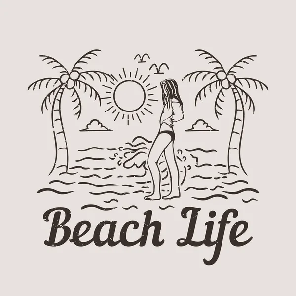 Shirt Design Beach Life Woman Beach Vintage Illustration — Stock Vector