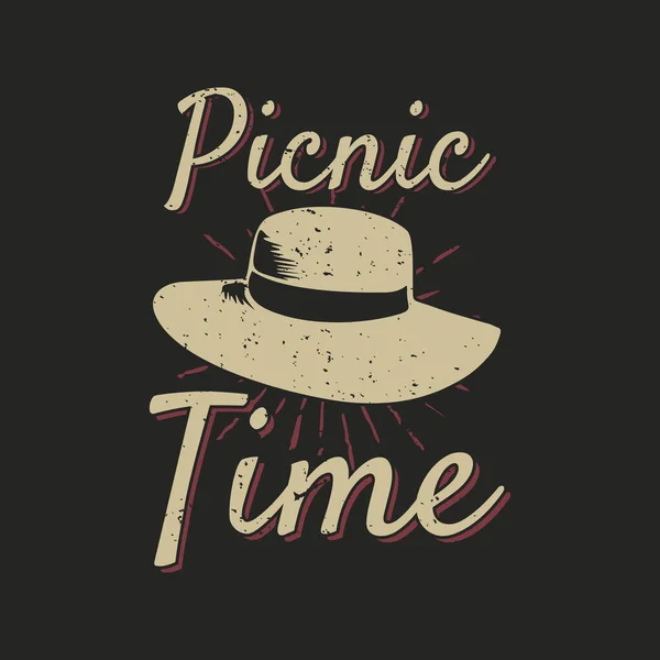 Shirt Design Picnic Time Hat Black Background Vintage Illustration — Stock Vector