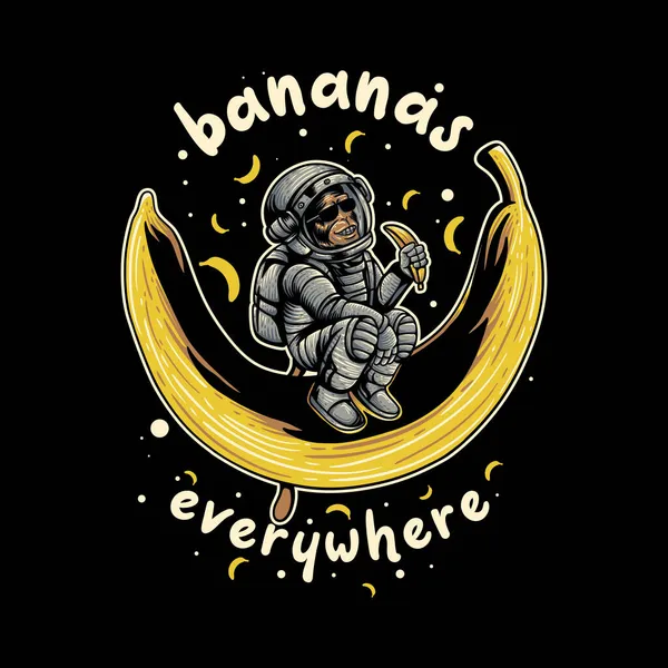 T恤设计香蕉到处都是 猴子穿着宇航服 在大香蕉古董图上剥下香蕉皮 — 图库矢量图片