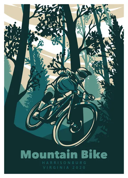 Mountain Bike Bicicletta Nel Bosco Vintage Retro Poster Illustrazione — Vettoriale Stock