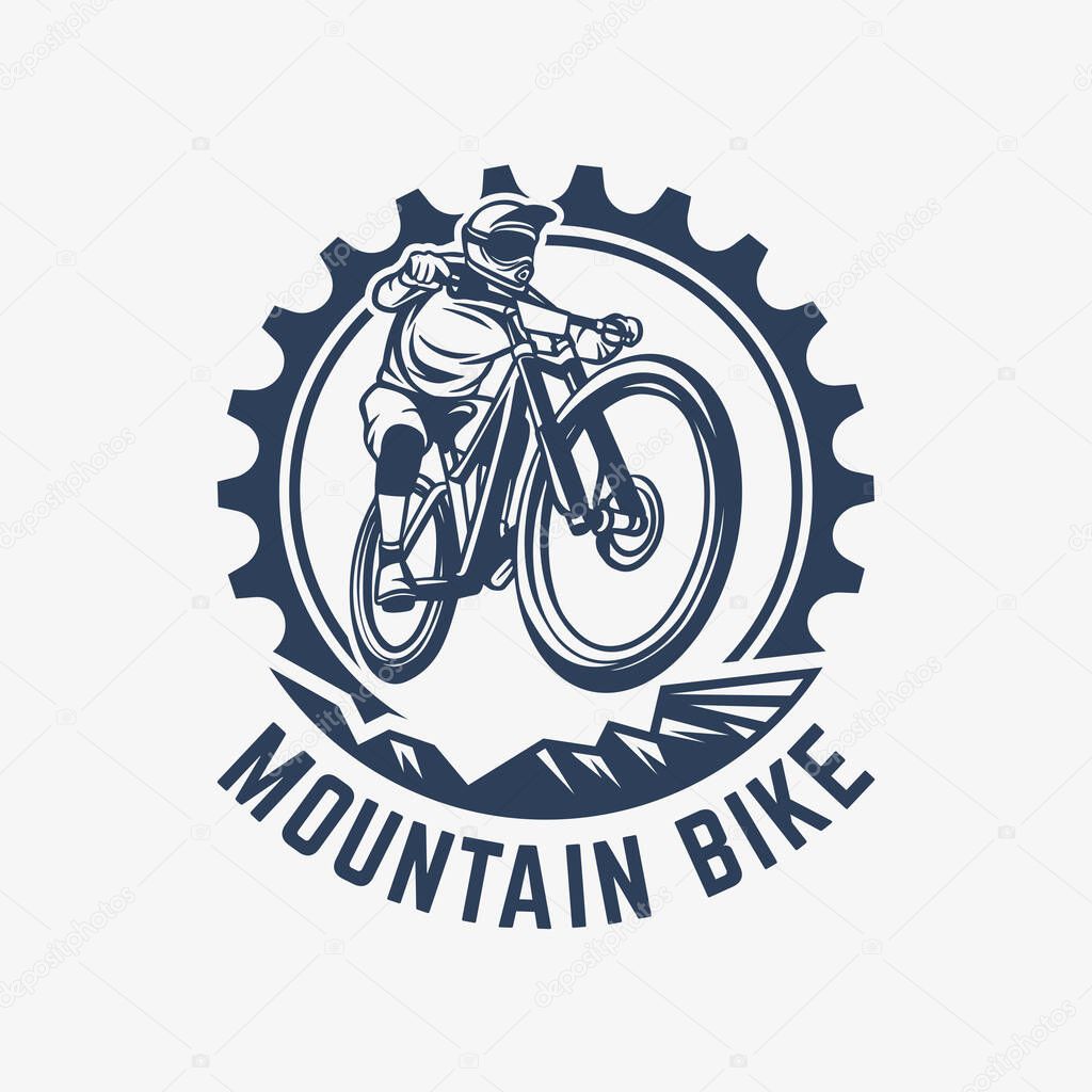 Mountain bike vintage logo template gear and cyclist illustration