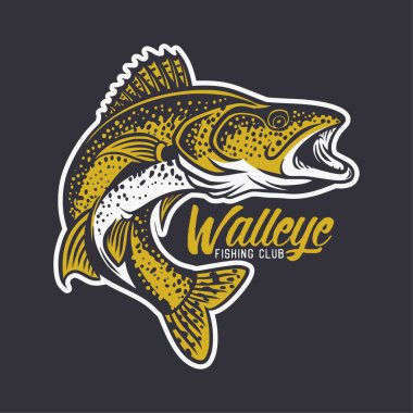 walleye fishing club logo illustration in black background clipart