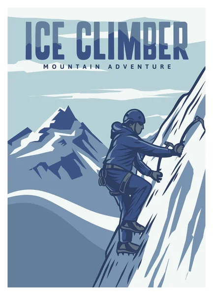 지역을 배경으로 고전적 스타일의 포스터 템플릿을 오르는 등산가 — 스톡 벡터