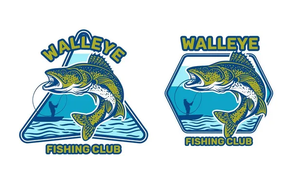 Walleye Balıkçılık Kulübü Walleye Nehre Atlamak Kano Balıkçılığında Bir Adama — Stok Vektör