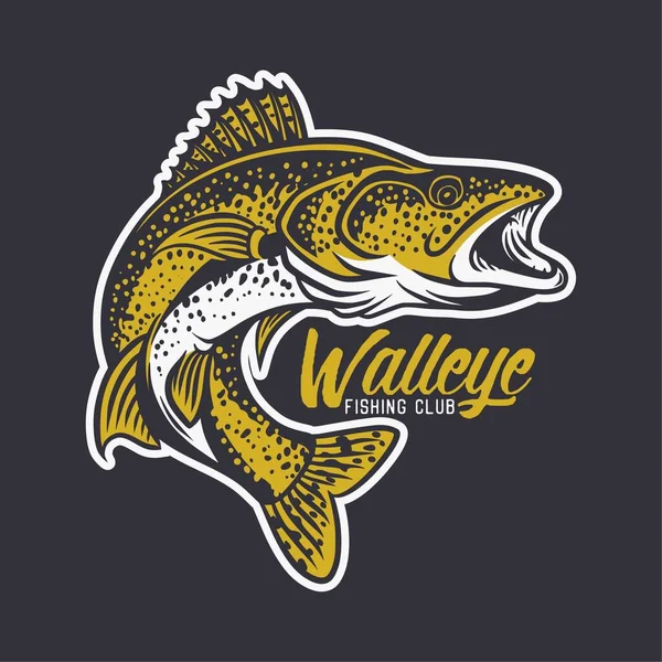 Walleye Visserij Club Logo Illustratie Zwarte Achtergrond — Stockvector