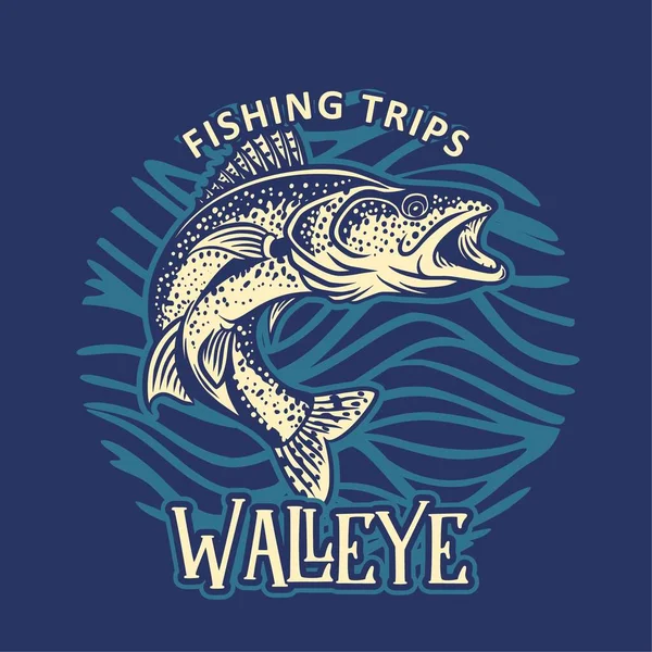 Walleye Viagens Pesca Shirt Design Vintage Retro Ornamento Água — Vetor de Stock